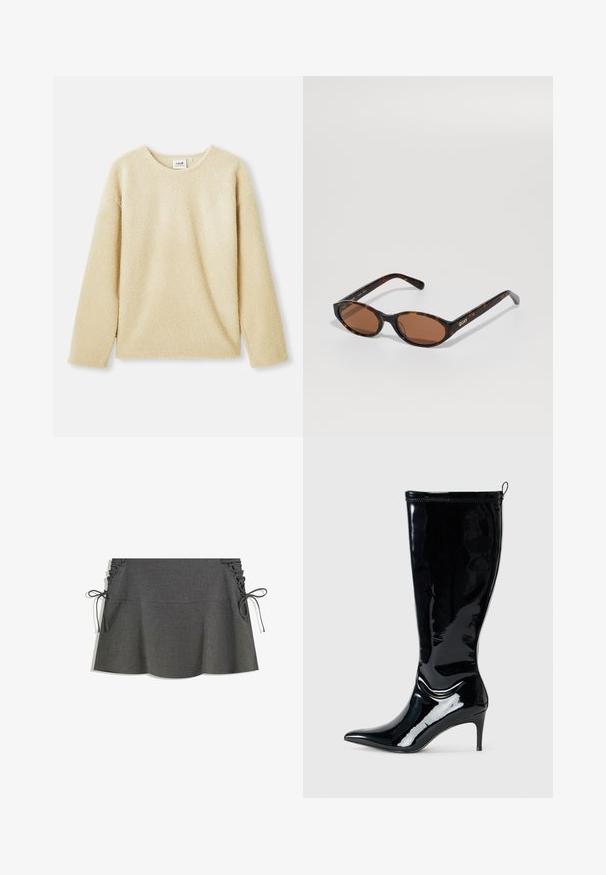 Beiges Fleece-Sweatshirt mit langen Ärmeln, runden Ausschnitt und weicher Textur. Verfügt über eine lockere Passform und ein dezentes Markenschild am inneren Kragen.; Grauer gestreifter Rock mit seitlicher Raffung, Bändern und ausgestellter Silhouette. Die Textur des Stoffes wirkt glatt mit einem leichten Glanz.; Schwarze Lackleder-Knöchelstiefel mit spitzem Schuh und schlankem hohen Absatz. Verfügt über einen Reißverschluss an der Rückseite und eine glatte, glänzende Textur.; Schildpatt ovalen Sonnenbrillen mit braunen Gläsern, schräg gehalten, um das "QUAY"-Logo am rechten Gestell auf einem schlichten Hintergrund zu zeigen.; Liebeskind Berlin KAYLA SATCHEL - Handtasche - schwarz