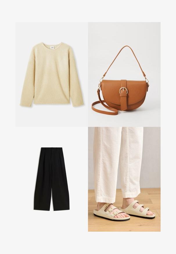 Beżowa polarowa bluza z długimi rękawami, okrągłym dekoltem i miękką strukturą. Posiada luźny krój oraz subtelną metkę marki na wewnętrznej stronie kołnierza.; Czarne spodnie szerokie z gładkiego materiału, z wysokim stanem, plisami z przodu i bez widocznych ozdób czy wzorów.; Jasno-beżowe sandały z trzema regulowanymi paskami z metalowymi klamrami, wyściełaną wkładką oraz czarną gumową podeszwą.; Brązowa skórzana torba na ramię o zaokrąglonym kształcie, ze złotymi akcentami i zapięciem w formie klamry. Posiada odpinany pasek na ramię.