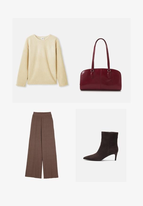 Beige bolyhos pulóver hosszú ujjakkal, kerek nyakkivágással és puha textúrával. Lazán illeszkedő fazonja van, valamint diszkrét márkajelzés a belső galléron.; Széles szárú nadrág, texturált, bordázott anyagból, meleg barna színben. Zökkenőmentes derékrésszel és folyékony sziluettel rendelkezik.; Barna velúr bokacsizma, hegyes orral és 7,5 cm-es sarkal, sima felülettel és minimalista dizájnnal. Cipzáras záródás hátul.; Zign LEATHER - Kézitáska - dark red