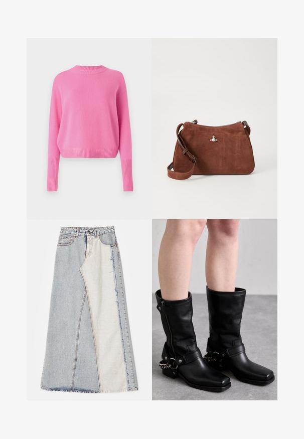 CLOSED CREW NECK CROPPED - Džemper - flamingo pink; Denim seelik, millel on patšitud disain, kus on heledad ja keskmise sinise tooni sektsioonid, rebenenud servad ja kõrge vöökoht. Klassikaline viie taskuga stiil.; Mustad mustad kõrge teksad mustast nahast ruudukujulise varbaga, külgrihmaga ja reguleeritava rihmaga, millel on metallketi aksent. Mati viimistlus ja tugev tald.; Pruun seemisnahast käekott, millel on tõmblukk, reguleeritav õlarihm ja hõbedased metalldetailid, millel on peene tekstuuriga pind.