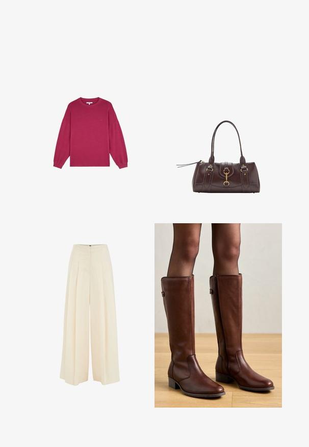 Fuchsie mikina s dlouhým rukávem a kulatým výstřihem, vyrobená z měkké bavlněné tkaniny. Na hrudi se nachází malé logo.; Široké kalhoty z lehkého béžového materiálu, s plisovaným předním designem, vysokým pasem a hladkým povrchem. Žádné viditelné kování nebo vzory.; Anna Field LEATHER - Vysoká obuv - brown; Tmavě hnědá kožená kabelka s dvěma horními držadly, zlatými kováními, detailním předním zapínáním a prošívanou texturou na bocích.