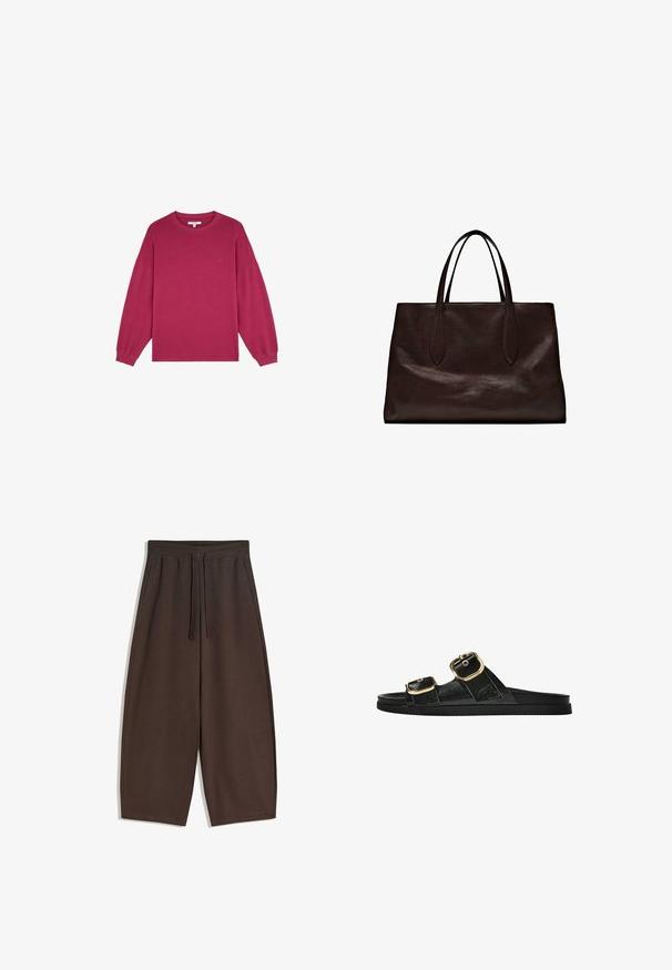 Fuchsia Langarm-Sweatshirt mit rundem Halsausschnitt und gerippten Bündchen, aus weichem Baumwollstoff gefertigt. Mit kleinem Logo auf der Brust.; Braune, weit geschnittene Hose aus weichem Stoff mit elastischem Bund und Kordelzug, glatter Textur und schlichtem Design.; Schwarze Riemensandale mit zwei goldenen Schnallendetails, glattem Material, flachem Sohlen und minimalistischer Gestaltung.; Massimo Dutti Handtasche - brown