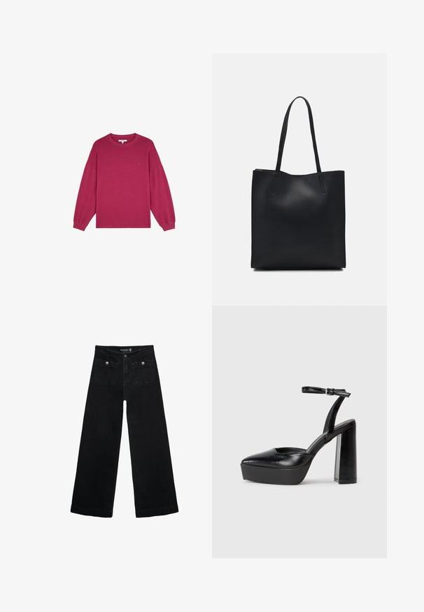 Fuchsia långärmad sweatshirt med rund halsringning och ribbade cuffs, tillverkad av mjukt bomullstyg. Har en liten logotyp på bröstet.; Svart vida jeans med hög midja, med två framfickor och metalldetaljer i form av knappar. Tyget har en mjuk textur.; Svarta plattformsskor med spetsig tå och justerbart vristband. Tillverkade av mjukt läder, med en kraftig blockklack.; Svart lädertoffelväska med slät textur, rektangulär form och två långa handtag. Ingen synlig hårdvara eller dekorationer.