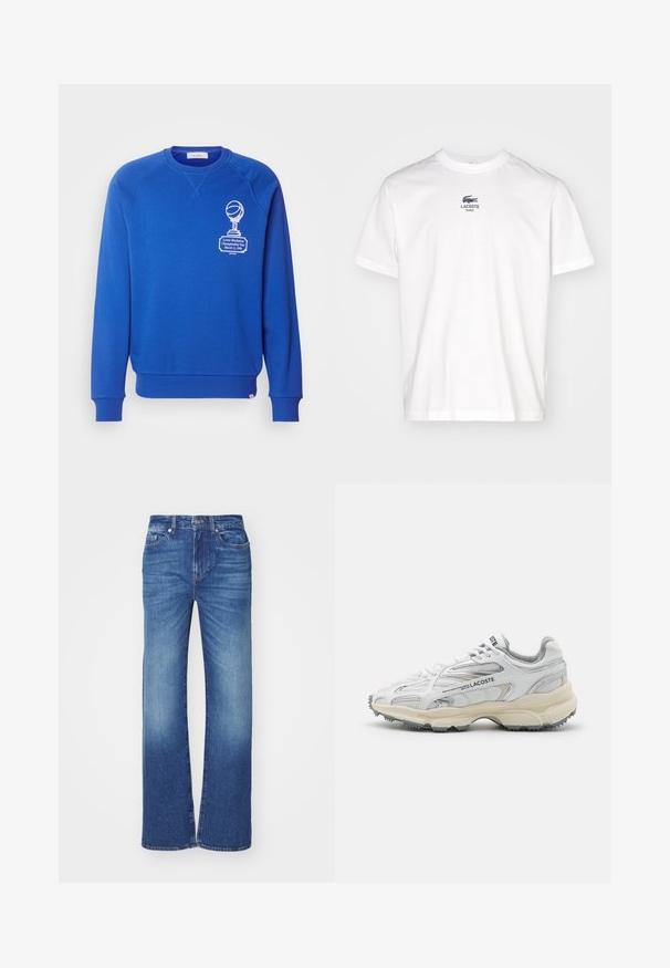 Blue sweatshirt with a crew neck, ribbed cuffs, and hem, featuring white graphic print of a trophy and text on the left side. Soft material.; White cotton t-shirt with short sleeves, featuring a small blue Lacoste logo and "PARIS" text on the chest. Classic crew neck design.; Blue denim jeans with a straight leg design, featuring a faded wash, five pockets, and a button-and-zip closure at the waist.; White athletic shoes with gray accents, mesh and synthetic upper, lace-up design, and textured rubber sole featuring traction patterns.