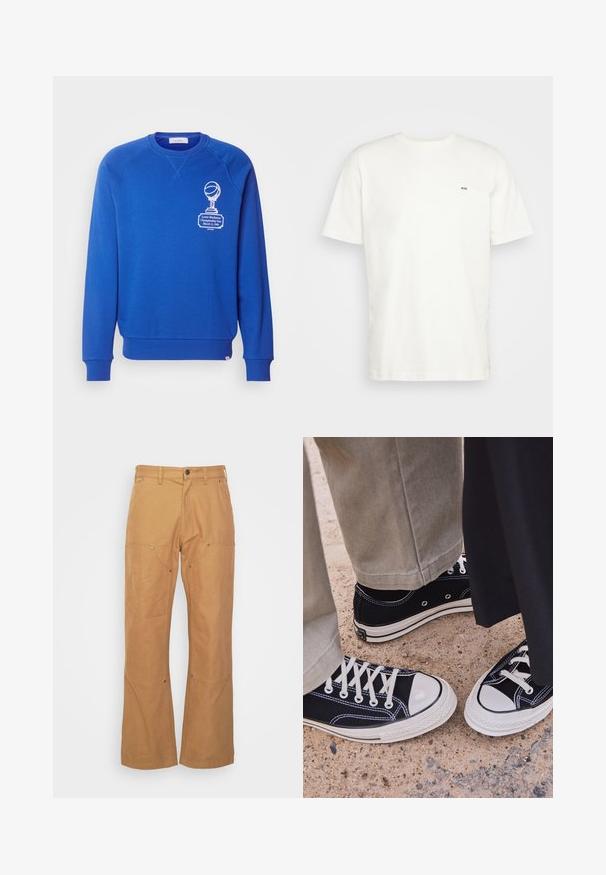 Modrá mikina s kulatým výstřihem, žebrovanými manžetami a lemem, s bílým grafickým potiskem trofeje a textu na levé straně. Měkký materiál.; Bílá bavlněná tričko s kulatým výstřihem, krátkými rukávy a malým černým logem "W.W." na levé straně hrudi. Hladký povrch, klasický střih.; Tan cargo kalhoty vyrobené z odolné látky, s bočními kapsami, kovovými prvky, rovnými nohavicemi a standardním pasem.; Černé plátěné tenisky s bílými gumovými špičkami a tkaničkami. Protišvy a kovové očko dodávají detail. Nosené s béžovými kalhotami a černou látkou.