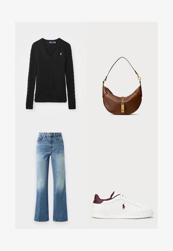 Sweater preto de malha canelada com decote em V, mangas longas, punhos e bainha canelados, e um pequeno logótipo branco bordado no peito.; Camisa azul clara de botões, feita de algodão, com mangas longas, colarinho pontudo e um pequeno logótipo bordado no lado esquerdo do peito.; Jeans de cintura alta de cor azul clara, com corte amplo, textura desbotada, cinco bolsos e fecho de botão metálico.; Sapatilhas brancas em pele com pormenores em bordô, bico arredondado, logotipo em relevo e atacadores planos. Sola texturizada e detalhes de superfície lisa.; Bolsa de ombro de couro castanho com forma curvada, hardware dourado, detalhe de fecho superior e um logotipo em destaque. Textura lisa com bordas costuradas.