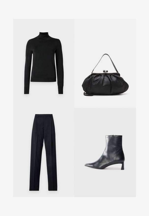 Suéter negro de manga larga con cuello de tortuga, con puños y dobladillo acanalados, exhibido sobre un fondo blanco liso.; Pantalones negros de tela suave con cintura alta, piernas amplias, pliegues frontales y lazos de cinturón clásicos. No hay bolsillos laterales visibles.; Botín de cuero negro hasta el tobillo con punta afilada y un diseño elegante. Presenta un tacón bajo y un cierre con cremallera en la parte trasera. Textura suave.; Bolso de mano de cuero negro con un diseño redondeado y plisado. Cuenta con un cierre metálico con dos bolas decorativas y una correa delgada y desmontable.