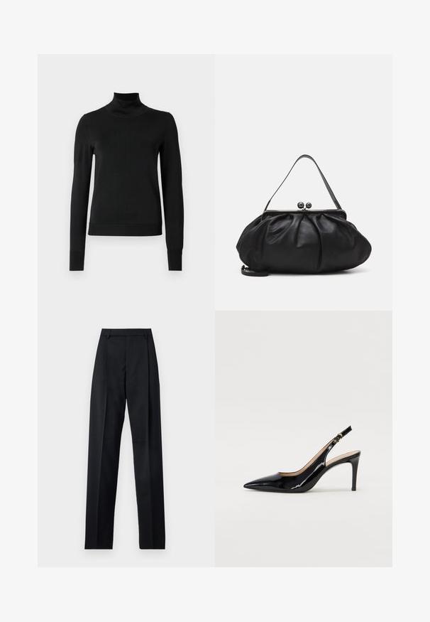 Black long-sleeve turtleneck sweater with ribbed cuffs and hem, displayed on a plain white background.; Black trousers made from smooth fabric featuring a high waist, wide legs, front pleats, and classic belt loops. No side pockets visible.; Black patent leather slingback pump with pointed toe, slim heel, and a subtle cutout design. Features a gold buckle on the strap.; Black leather handbag with a rounded, pleated design. Features a metallic clasp with two decorative balls and a slim, detachable strap.