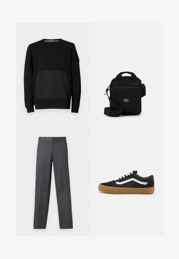 Schwarzer Pullover mit einer strukturierten schwarzen Tasche mit Druckknöpfen, Rundhalsausschnitt und langen Ärmeln. Glattes Material mit dezentem Glanz.; Grau farbene Hosen aus glattem Stoff, mit geradem Bein, Knopfverschluss und Gürtelschlaufen; minimale Nähte und ohne Muster.; Schwarze Wildledersneaker mit einem weißen Seitenstreifen, weißen Schnürsenkeln und Gummi-Sohle. Klassisches Low-Top-Design mit strukturierten Akzenten und runder Zehenpartie.; Schwarze Umhängetasche mit einem Reißverschlussfach, rechteckiger Form, aus Stoff gefertigt, mit einem Logo-Patch auf der Vorderseite und verstellbarem Schultergurt.