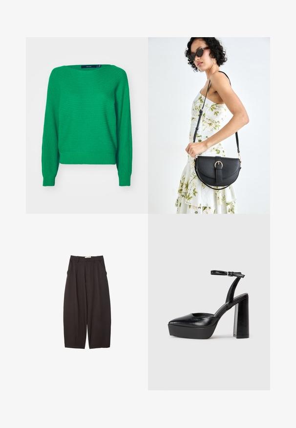 Grön stickad tröja med långa ärmar, ribbat nederkant och manschetter, med en strukturerad yta och lös passform. Etikett synlig vid halslinningen.; Svarta vida byxor i ett mjukt tyg, med hög midja, framfickor och sidofickor. Enkel design utan utsmyckningar.; Svarta plattformsskor med spetsig tå och justerbart vristband. Tillverkade av mjukt läder, med en kraftig blockklack.; Svart läderhandväska med en böjd form, avtagbar rem och guldiga detaljer. Väskan har ett lock med en spänndetalj.