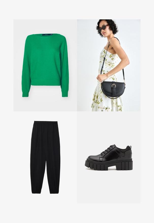 Sweater verde tricotado com mangas longas, bainha e punhos canelados, apresentando uma superfície texturizada e um corte solto. Etiqueta visível na gola.; Calças pretas, leves, com um cinto elástico e punhos franzidos. O tecido é suave e apresenta um design relaxado e afunilado.; Sapatos de plataforma em couro preto com um salto bloco robusto, bico redondo e design clássico de atacadores. Apresentam uma textura suave e detalhes mínimos.; Bolsa de couro preta com forma curva, alça destacável e detalhes em dourado. A bolsa possui uma aba com detalhe de fivela.