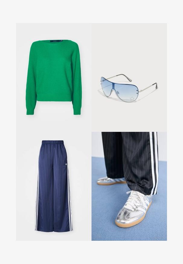 Roheline kudumine sviiter pika varrukaga, ribatud äärte ja mansettidega, omades tekstureeritud pinda ja lõtvust. Silt on nähtav kaelaava juures.; Tumedate sinised laiad püksid, millel on vertikaalsed valged triibud, elastne vöökoht ja kolm valget triipu igal küljel, valmistatud kergest materjalist.; Metallik hõbedased jooksuketsid valgete paeltega ja kolme valge triibuga, mille juurde on sobitatud mustad triibulised püksid. Allosas kummist tallaga aktsent.; Aviatori prillid, millel on gradient sinine objektiiv, hõbedane metallraam ja dekoratiivsed staaraktsendid objektiivil. Sujuv ja stiilne disain.