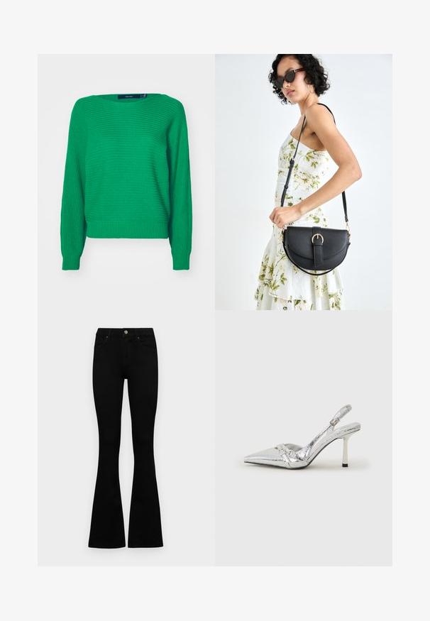 Grønn strikket genser med lange ermer, ribbet kant og mansjetter, med en teksturert overflate og løs passform. Merket er synlig ved halsen.; Sorte høytlivsjeans med knapp og glidelås, frontlommer og utsvingte bein liggende flatt på en hvit bakgrunn.; Sølv slingback høyhelte sko med spiss tå, metallisk finish, to dekorative stropper, og en slank hæl med svart tupp.; Svart lærveske med en buet form, avtagbar stropp og gullbeslag. Vesken har et klaff med spenne-detall.