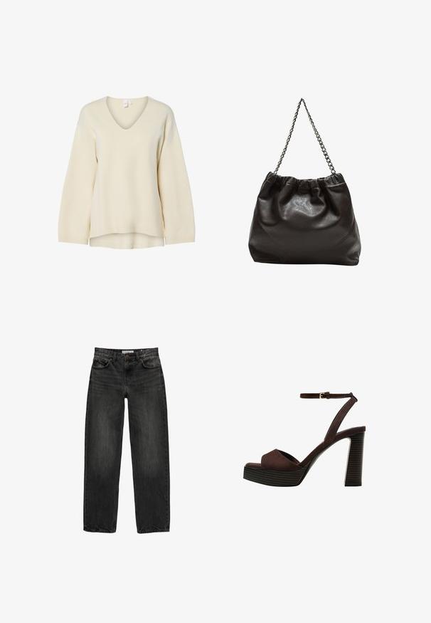 Krémový sveter s výstrihom do V, dlhými rukávmi, rebrovanými manžetami a voľným strihom. Hladká textúra a bočné rozparky na leme pre pohodlný siluetu.; Čierne džíny z denimu s uvoľneným strihom, rovnými nohavicami, piatimi vreckami a mierne vyblednutou textúrou. Zapínanie na gombík a zips v prednej časti.; Hnedé semišové sandále na vysokom podpätku s otvorenou špičkou, nastaviteľným členkovým remienkom a pruhovanou platformovou podrážkou.; Hnedá kožená taška so zberaným vrchom a reťazovým popruhom. Hladký povrch s lesklým finišom a jemným švom po stranách.
