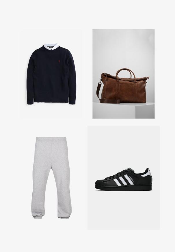 Maglione blu navy con un motivo a maglia testurizzato, caratterizzato da una camicia bianca sotto e un piccolo logo rosso sul petto.; Pantaloni della tuta grigi realizzati in misto cotone, dotati di una vita elasticizzata, gambe affusolate e orli a costine. Design semplice senza motivi.; Sneaker nera Adidas Superstar con strisce bianche, punta a conchiglia e testo "Superstar" su un lato, mostrata in profilo laterale su sfondo bianco.; Borsa da viaggio in pelle marrone con chiusura a zip, doppie maniglie, tracolla regolabile e motivi di texture visibili sulla superficie.