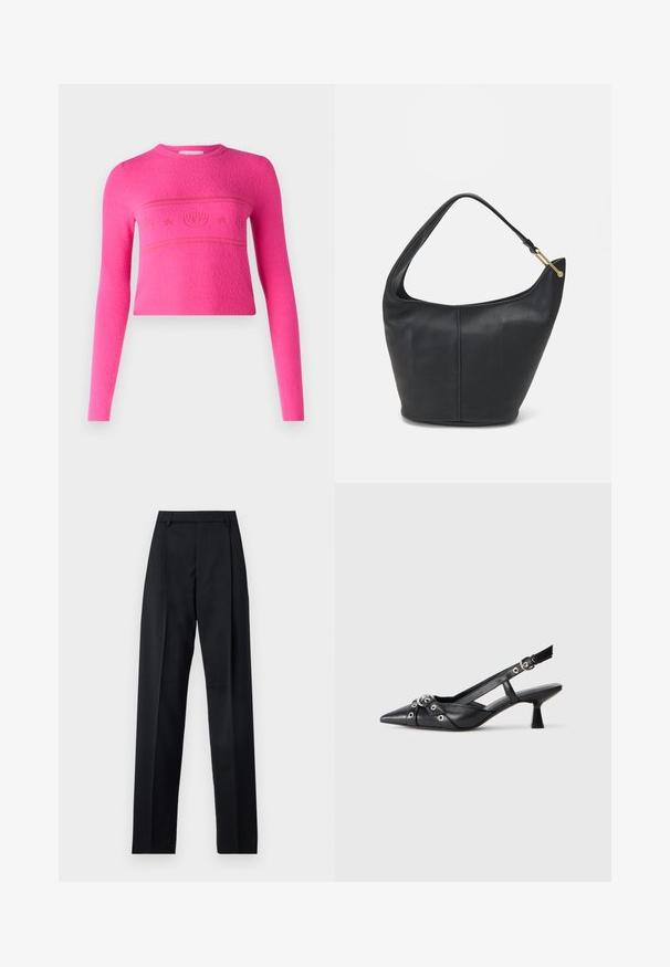 Ružičasti kratki pulover od teksturirane tkanine, s dugim rukavima i horizontalnim uzorkom sa simbolima i zvjezdicama preko prsnog dijela.; Crne hlače od glatkog materijala s visokim strukom, širokim nogavicama, prednjim pregibima i klasičnim petljama za remen. Nema vidljivih bočnih džepova.; Crne kožne cipele s remenom oko pete, s izduženim vrhom, dekorativnim trakama s metalnim rupama i niskom blok petom. Teksturirana površina.; Crna kožna torba za ruke s zaobljenim oblikom, širokim remenom i teksturiranim završetkom. Sadrži suptilan detalj šava i zlatnu metalnu akcentu.
