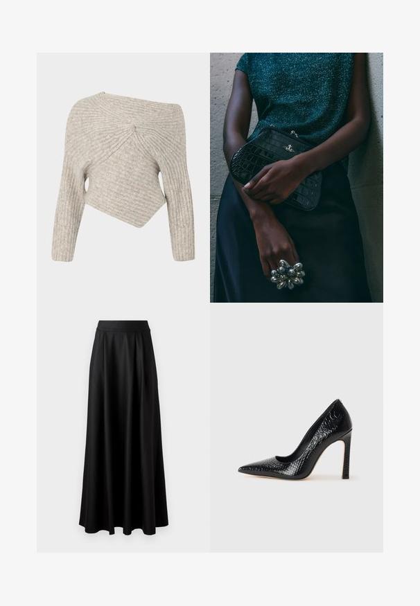 Cult Gaia LEA beżowy; Czarna spódnica do ziemi o gładkiej fakturze, szerokim pasie i plisowanym wzorze, bez widocznych wzorów czy ozdób.; Czarne szpilki z ostrym noskiem, pokryte teksturą skóry krokodyla, charakteryzujące się eleganckim wzornictwem, wysokim obcasem w stylu stiletto oraz gładkim czarnym wnętrzem.; Czarna kopertówka w wzór krokodyla z srebrnymi akcentami, trzymana na szarym, teksturowanym tle. Posiada błyszczącą powierzchnię.