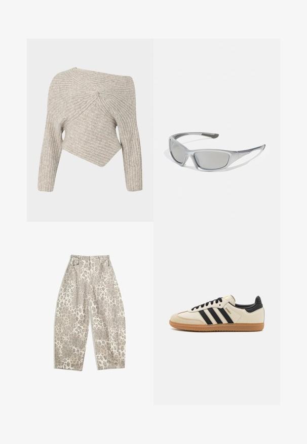 Cult Gaia LEA  - Striktrøje - fog; Leopardprint-bukser i en lys beige farve, med et højtalje-design, vide ben og to forlommer. Lavet af et glat stof.; Beige sportssko med sorte striber, gummibetræk samt sorte detaljer. Har en glat læderoverdel og et rundt tådesign.; Grå solbriller med en slank, let plastramme. Har tonede grå linser og strukturerede sideaccenter for bedre greb.; Sort og sølv adidas taske med en glat tekstur, prydet med et skinnende nittermønster og et karakteristisk buet design.
