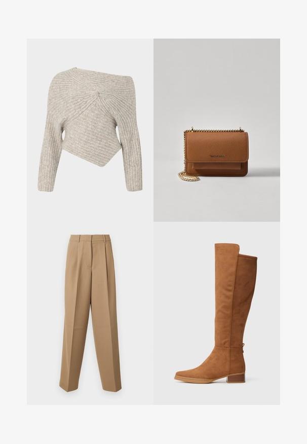 Cult Gaia LEA - Strikkegenser - fog; Beige skræddersyede bukser med høj talje, plisseret front og brede ben. Stof virker glat med en let glans.; Høye brune semskede støvler med rund tå, moderat blokkhelt og sømdetalj langs siden. Glatt tekstur og enkelt design.; Brun teksturert lær crossover-veske med gullkjede-stropp og klaffelukking. Fronten har logo-detalj og en lomme under klaffen.