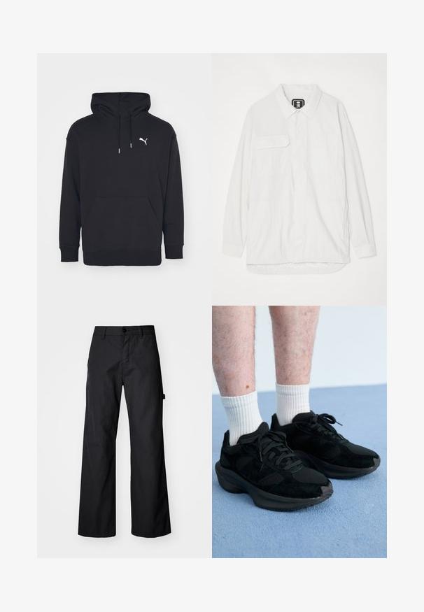 Čierna mikina s kapucňou, ktorá má klokanie vrecko, nastaviteľné šnúrky a biele logo Puma na hrudi. Vyrobená z mäkkého flísového materiálu.; Biela košeľa na gombíky vyrobená z textúrovanej látky, s golierom, dvoma prednými vreckami a zakriveným hemom, ktorý je na chrbte mierne dlhší.; Čierne, široké nohavice vyrobené z odolného materiálu. Obsahujú zapínanie na gombík a bočné vrecká. Hladká textúra s čistým dizajnom.; Čierne športové topánky vyrobené z meshového a semišového materiálu, s okrúhlou podrážkou, šnúrkami a mäkkou textúrou. Nosené s bielymi rebrovanými ponožkami.