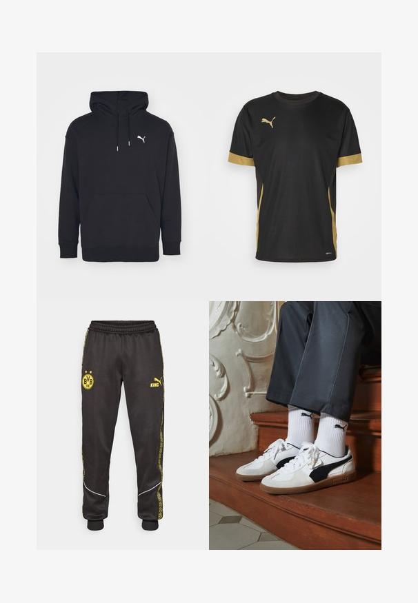 Felpa nera con cappuccio, tasca a marsupio, coulisse regolabili e logo Puma bianco sul petto. Realizzata in morbido materiale felpato.; T-shirt sportivo nero con dettagli dorati sulle maniche e sui fianchi. Presenta un colletto rotondo, maniche corte e tessuto traspirante DRYCELL.; Pantaloni sportivi neri con loghi gialli di Borussia Dortmund BVB 09 e Puma King, vita elasticizzata e righe laterali gialle con motivo.; Sneakers Puma in suede bianco e nero, con suola in gomma marrone. Abbinati a calzini bianchi con logo nero, indossati con pantaloni scuri.