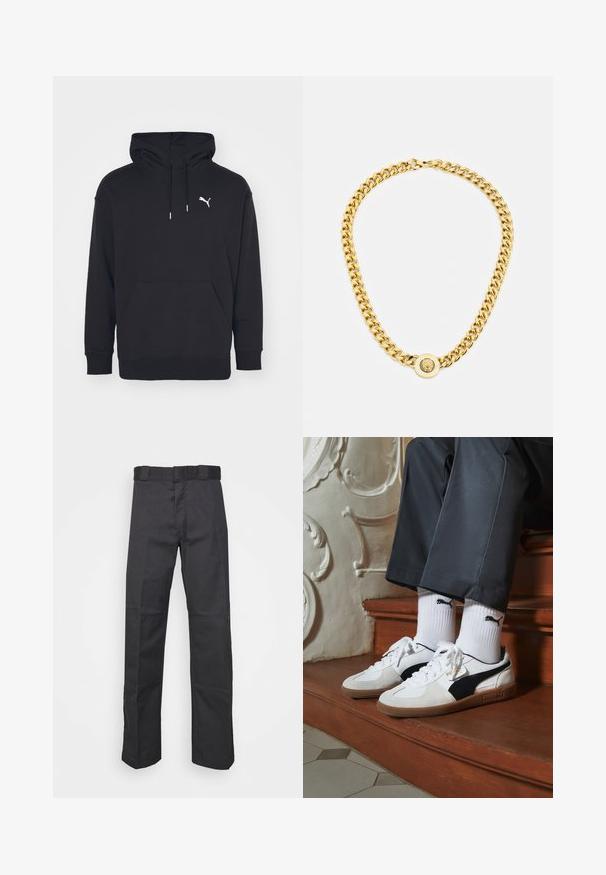 Schwarzer Kapuzenpullover mit Kängurutasche, verstellbaren Zugbändern und einem weißen Puma-Logo auf der Brust. Hergestellt aus weichem Fleece-Material.; Schwarze Hose aus strapazierfähigem Material, mit geradem Bein, einem Bund mit Gürtelschlaufen und Nähten für zusätzlichen Textur.; Puma-Sneaker aus weißem und schwarzem Wildleder mit einer braunen Gummisohle. Kombiniert mit weißen Socken, die ein schwarzes Logo zeigen, getragen zu dunklen Hosen.; Goldene Kettenhalskette mit großen miteinander verbundenen Gliedern, mit einem kreisförmigen Anhänger in der Mitte, der ein erhabenes Emblem zeigt.