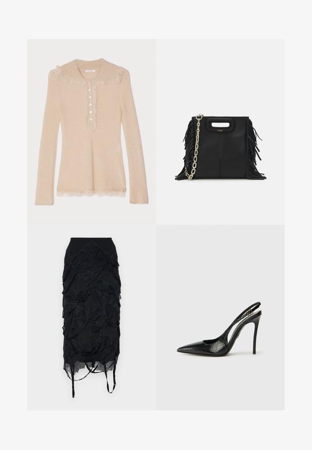 Hosszú ujjú bézs kötött pulóver, fodros Peter Pan gallérral, gombos nyitással és fodros díszítéssel a galléron és az alján.; Fekete szoknya rétegezett csipkével, testhezálló derékkal és állítható pántokkal. A dizájn hullámszerű mintázattal rendelkezik.; Fekete slingback magassarkú cipő hegyes orral, textúrált kígyómintával, stiletto sarokkal, és díszes csattal a pánton.; Fekete bőr kézitáska, frufrus részletekkel, arany láncos vállpánttal és kivágott fogantyúval. Az elülső részen logó található.