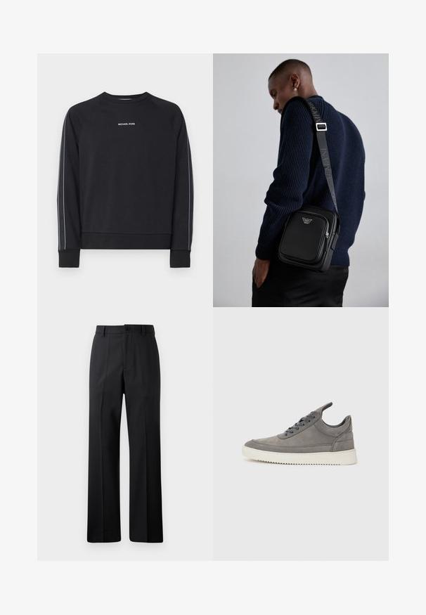 Svart genser med rund hals, raglanermer, hvit logo tekst og sidekanter. Mykt stoff med en avslappet passform. Ribbede erm- og nederkant.; Svarte rette bukser med beltestropper, frontknapp og glidelås, vist mot en enkel hvit bakgrunn.; Grå semsket joggesko med teksturert overflate, som har en hvit gummisåle, runde snorer og et lavt design.; Svart lær crossbody-veske med en glidelåslomme, logo-detalj og justerbar rem med merke. Båret mot en teksturert marineblå genser.