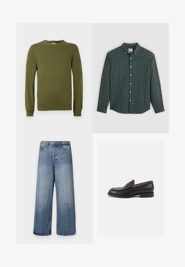 Olivgrüner Strickpullover, runder Ausschnitt, lange Ärmel, gerippte Bündchen und Saum, glattes Material, leichtes Gewebe, lässiges Design.; Langarm-Hemd mit grün-blau-gelbem Karomuster, weißen Knöpfen und einem geknöpften Kragen.; Weite blaue Denim-Jeans mit einer ausgewaschenen Optik, Fünf-Taschen-Design und einer Knopfverschluss. Ausgestattet mit Gürtelschlaufen und gestickten Details.; Schwarze Leder Slipper mit glatter Oberfläche, runder Spitze und dekorativer Naht auf dem Vorderblatt. Niedriger Blockabsatz und leichter Glanz.