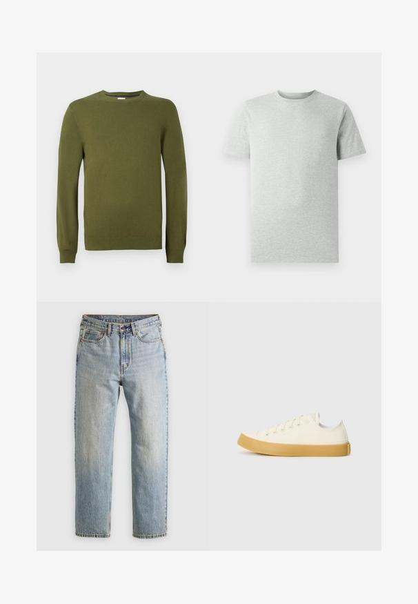 Zielonooliwkowy sweter dzianinowy, okrągły dekolt, długie rękawy, prążkowane mankiety i dół, gładka tekstura, lekki materiał, casualowy design.; Jasnoszara koszulka typu T-shirt z krótkim rękawem i okrągłym dekoltem, wyeksponowana na białym tle, widok z przodu bez widocznych logo czy wzorów.; Zielona flanelowa koszula w kratę z niebieskimi, białymi i musztardowymi liniami. Zapięcie na guziki z przodu i spiczasty kołnierzyk. Długie rękawy.; Jasnoniebieskie dżinsy z wysokim stanem, z guzikiem z przodu, zamkiem błyskawicznym i pięcioma kieszeniami, ułożone na płasko na neutralnym tle.; Płócienne sneakersy w odcieniu ecru z okrągłym noskiem, charakteryzujące się beżowymi gumowymi podeszwami i pięcioma otworami na sznurówki, z teksturowanym wykończeniem cholewy.