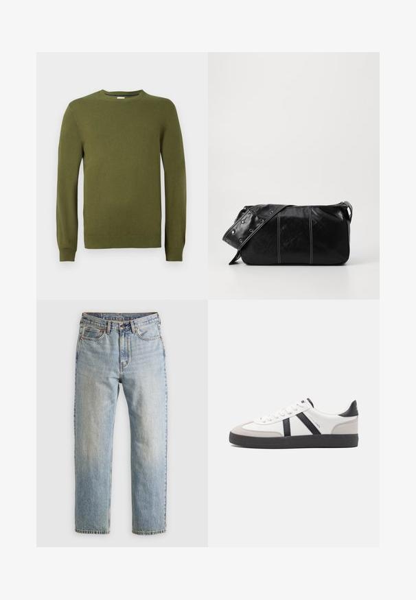 Olivengrønn strikkegenser, rund hals, lange ermer, ribbede mansjetter og kant, glatt tekstur, lett materiale, uformelt design.; Lys blå denim jeans med høy midje, frontknapp, glidelås og fem-lommers design, lagt flatt på en nøytral bakgrunn.; Hvite sneakers med svarte og grå detaljer, med en teksturert grå tåhette, svart gummisåle, og flate hvite lisser. Rent design, minimalistisk stil.; Svart lær skulderveske med glidelås, med teksturert overflate, hvite sømmer og en stropp med sølvringer.