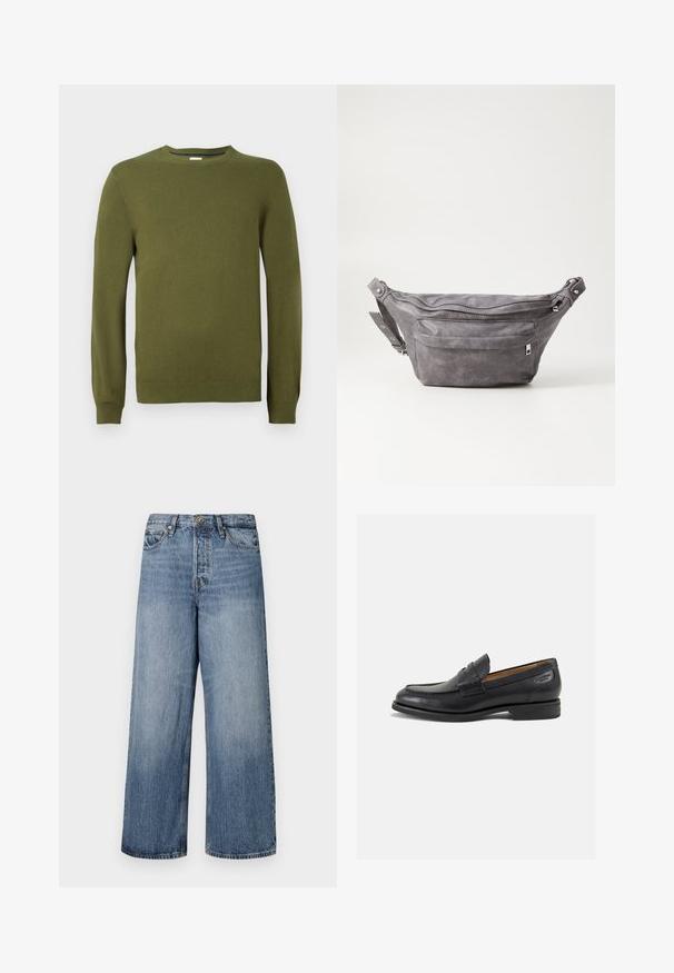 Oliivivihreä neulepusero, pyöreä pääntie, pitkät hihat, ribbaus kätköissä ja helmassa, sileä rakenne, kevyt materiaali, rento muotoilu.; Värikkäät siniset farkut, joissa on leveät lahkeet ja haalistunut pesu, viiden taskun muotoilu sekä nappikiinnitys. Varustettu vyölenkeillä ja ommellulla yksityiskohdalla.; Mustat nahkaloaferit, joissa on sileä pinta, pyöreä varvas ja koristeompeleet varpaansuojassa. Matala pinottu korko ja hieno kiilto.; Harso harmaa samettinen vyölaukku pyöreällä muotoilulla, kahdella vetoketjullisella osastolla ja säädettävällä hihnalla. Varustettu metallisilla varusteilla.