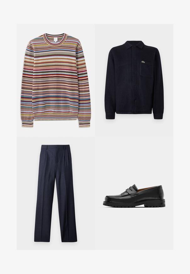 Gestreifter Pullover mit Rundhalsausschnitt, aus strukturiertem Stoff mit mehrfarbigen horizontalen Streifen in Rot, Blau, Gelb und Braun.; Marineblaue, strukturierte Hemdjacke aus weichem Stoff, mit Kragen, Knopfleiste, langen Ärmeln und einer gestickten Tasche mit Logo.; Marineblaue Wollhose mit maßgeschneiderter Passform, ausgestattet mit gefaltetem Vorderteil und weit geschnittenen Beinen. Glatte Textur und klare Linien, geeignet für formelle Anlässe.; Schwarze Lederloafer verfügen über eine erhöhte Naht, zwei dekorative Riemen im oberen Bereich und eine dicke, strukturierte Sohle für zusätzlichen Halt.