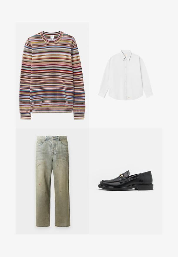 Csíkos pulóver, kerek nyakkivágással, textúrált anyagból készült, amely több színben, vörös, kék, sárga és barna vízszintes csíkokkal van díszítve.; Fehér gombos ing, klasszikus gallérral, hosszú ujjakkal és kerekített aljjal; a bal alsó részen kis narancssárga logó található.; Fakó zöld, kopott farmerszadrág, egyenes lábbal, ötk zsebes kialakítással, egyenetlen kopással és festékcseppekkel.; Fekete bőr loaferek, lekerekített orral, aranyszínű fémrész és varrási részletek díszítik, alacsony, strukturált gumitalpon.