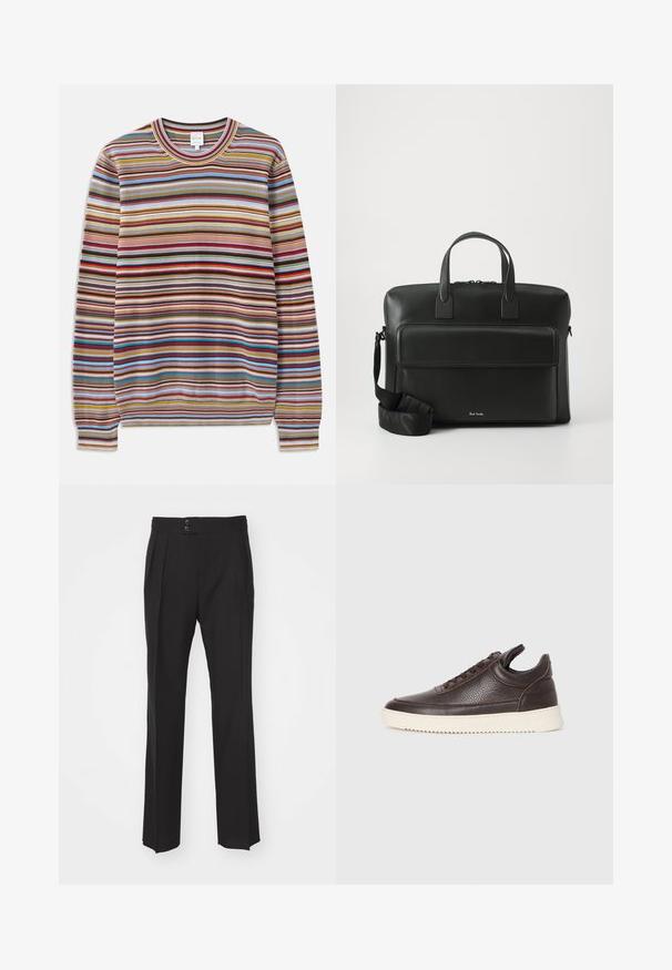 Juostuota megztinė su apvalia iškirpte, pagaminta iš tekstūrinio audinio, su daugiakrypčiais horizontaliais raštais raudonos, mėlynos, geltonos ir rudos spalvos.; Juodi pritaikyti kelnių, turinčių tiesų kojų dizainą, dvi priekinės kišenės ir dvigubą mygtuko užsegimą liemenyje. Lygus audinio paviršius.; Tamsiai rudas tekstūruotas odinis sportbačius su raišteliais ir baltu grioveliu ant gumos pado, pateiktas ant šviesaus fono.; Juodas odinis darbų krepšys su dviem viršutiniais rankenomis, priekinėmis kišenėmis ir nuimama juosta, su subtiliu prekės ženklu apačioje.