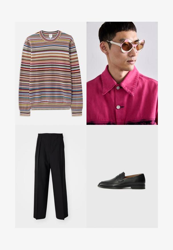 Striped sweater featuring a crew neckline, made from textured fabric with multicolored horizontal stripes in red, blue, yellow, and brown.; Black pleated trousers with a straight, wide-leg design. Made from smooth fabric, featuring a button closure and belt loops.; Black leather loafer with a rounded toe, subtle stitched detailing, and a low heel, featuring a smooth texture and minimalist design.; White and pink oversized sunglasses with a curved frame, featuring brown tinted lenses. Model wears a pink denim jacket with a collar.