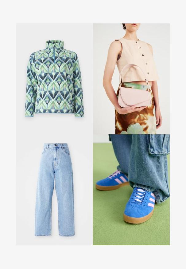 Billabong BOUNDARY MOCK 3 - Sweat polaire - blue grey; Jeans en denim bleu clair taille haute avec des jambes droites larges, fermeture à bouton à l'avant, fermeture éclair et poches avant et arrière.; Des chaussures en daim bleu avec des rayures roses et des lacets blancs, dotées d'une semelle en caoutchouc gomme, assorties à un pantalon en denim ample sur une surface verte.; Sac à main en cuir rose avec un rabat arrondi, une bandoulière unique et des lignes épurées. Le sac présente une texture lisse et un design minimaliste.