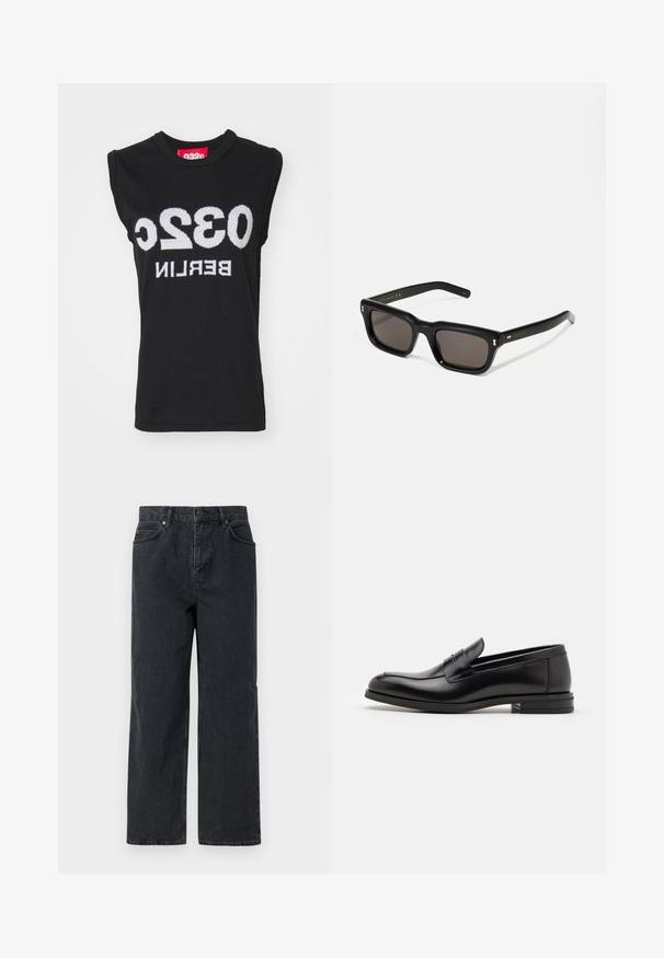 032c HOLLYWOOD TO BERLIN SELFIE TANK - Pulover - black; Pantaloni din denim bleu închis, cu o croială largă, design cu cinci buzunare și închidere cu nasture. Include elemente din metal cu finisaj cupru și o textură subtilă.; Mocasini din piele neagră cu o textură netedă, vârf rotund și o curea decorativă peste partea superioară. Toc mic, design minimalist.; Ochelari de soare negri, rectangul care au lentile întunecate, ramă din plastic gros, accente aurii pe brațe și logo-ul brandului gravat pe mâner.