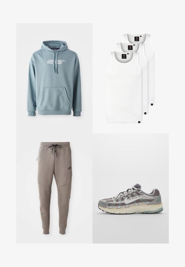 Hanorac de culoare albastră deschis, realizat dintr-un amestec moale de bumbac, având o buzunar frontal, glugă cu șnur și un grafic alb cu logo-ul pe piept.; Trei maieuri albe ribbate din bumbac. Au un guler rotund și etichete negre mici lângă tiv. Disponibile în mai multe mărimi.; Pantaloni de trening gri Nike cu un braț de strângere la talie, picioare conice, buzunare laterale și detalii de cusătură distincte. Material moale, texturat.; Pantofii sport gri sunt realizați dintr-un amestec de plasă și piele întoarsă, cu accente albe, o talpă bine îmbrăcată și un design distinctiv cu elemente reflectorizante.