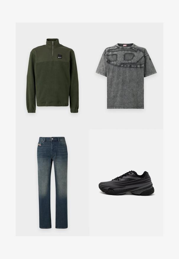 Polo de fleece verde escuro com fecho de quarto, gola alta, punhos elásticos e bainha, e um pequeno patch retangular preto com logo no peito.; T-shirt de denim cinzento com mangas curtas, apresentando um design em patch texturizado no peito e detalhes subtis desgastados no tecido.; Calças de ganga azuis de corte reto com lavagem desbotada, fecho frontal de botão e fecho éclair, e design com cinco bolsos.; Shoe de corrida preta com um cabedal texturizado apresentando riscas cinzentas. Sola grossa para amortecimento, bico redondo e atacadores planos para um ajuste seguro.