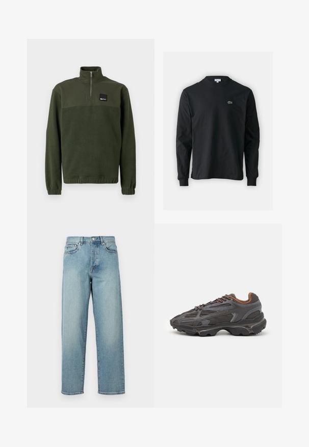 Mørkegrønn fleece genser med kvart-zip, høy krage, elastiske ermer og nedkant, samt en liten rektangulær svart logo-patch på brystet.; Svart langermet T-skjorte laget av bomull, med rund hals og en liten grønn brodert krokodillelogo på venstre bryst.; Lys blå denimjeans med løs passform, rette ben, fem-lomme-design og knappelukking i livet. Minimalistisk sømdetalj.; Lacoste-sneakers i mørkegrått med mesh- og syntetisk materiale, med en teksturert såle og brune detaljer på kragen og merket.