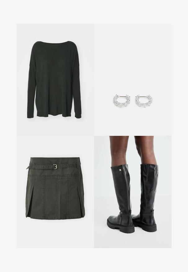Ciemnozielony, oversize'owy sweter z szerokim dekoltem, długimi rękawami i prążkowanym wykończeniem. Wykonany z miękkiego, strukturalnego materiału. Brak widocznych wzorów.; Ciemnozielona, bawełniana mini spódniczka z dopasowanym stanem, paskiem i plisami z przodu. Oferuje detale w szyciu i klasyczny krój.; Czarne skórzane kozaki do kolan o gładkiej fakturze, okrągłym nosku, grubej podeszwie i zamek błyskawiczny. Na boku znajduje się srebrne logo.; Srebrne kolczyki w kształcie kółka z prostokątnymi i trójkątnymi przezroczystymi kryształami ułożonymi w okrągły wzór z centralnym słupkiem do zapinania.