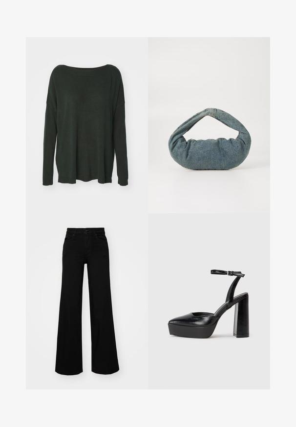Dark green, oversized sweater with a wide neckline, long sleeves, and ribbed hem. Made from soft, textured fabric. No visible patterns.; Black wide-leg pants made of denim, featuring a structured waistband, belt loops, and front pockets. Smooth texture with a classic design.; Black platform heels with a pointed toe and adjustable ankle strap. Constructed from smooth leather, featuring a chunky block heel.; Blue denim bag with a padded, rounded shape and a curved handle. The texture is soft, featuring visible stitching and a smooth finish.