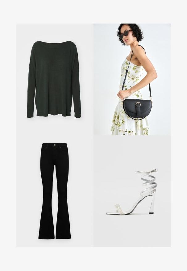 Pulover supradimensionat, verde închis, cu un decolteu larg, mâneci lungi și tiv cu nervuri. Fabricat dintr-un material moale, texturat. Fără modele vizibile.; Jeans negri cu talie înaltă, cu închidere prin nasture și fermoar, buzunare frontale și picioare evazate, așezați pe un fundal alb.; Sandale argintii cu toc înalt, cu un design strălucitor al baretei, având un accent asemănător unei perle și o curea spiralată pentru prindere sigură.; Geantă din piele neagră, cu o formă curbată, curea detașabilă și accesorii aurii. Geanta are un capac cu un detaliu tip cataramă.