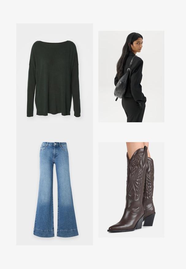 Tamnozeleni, oversize pulover s širokim izrezom, dugim rukavima i rebrastim rubom. Izrađen od mekog, teksturiranog materijala. Bez vidljivih uzoraka.; Svijetloplave traperice s flared nogavicama i visokim strukom, širokih nogu i s laganim izbljeđenjem. Sadrže klasičan dizajn s pet džepova i metalno dugme za zatvaranje.; Smeđe kožne kauboj čizme s šiljastim vrhom i blok-potpeticom, s detaljno izvezenim šavovima i uzdignutim naglascima na okovu.; Žena s dugom tamnom kosom koja nosi crno odijelo, drži crnu kožnu torbu preko ramena i gleda unazad na bijeloj pozadini.