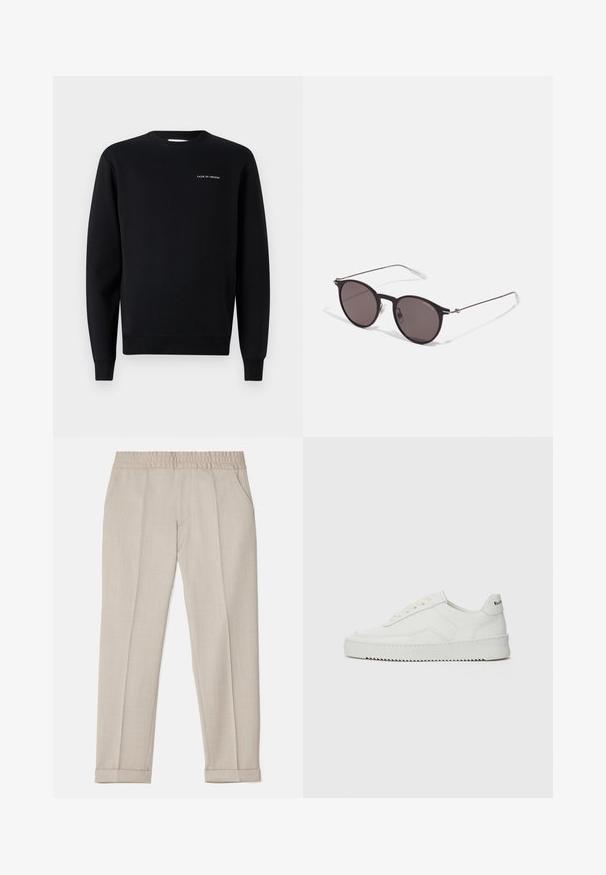 Sort sweatshirt lavet af bomuld, med rund halsudskæring, langeærmer og et lille hvidt "TIGER OF SWEDEN" logo på brystet.; Filippa K TERRY CROPPED TROUSERS - Bukser - sage melange; Hvide lædersneakers med en glat overflade, rund tå, flade snørebånd og en tekstureret sål. Har et diskret logo på hælen.; Sorte runde solbriller med mørke linser og slanke metalarme. Inkluderer klare tempeltips og sølvdetaljer ved hængslet. Minimalistisk design.