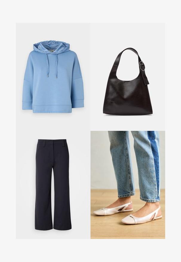 Šviesiai mėlynas gobtuvas su raišteliu, laisvo kirpimo, trumpomis rankovėmis ir lygiu, minkštu paviršiumi. Pasižymi minimaliais siūlų akcentais ir sidabrinėmis detalėmis.; Plati kelnės tamsiai mėlynos spalvos audinio. Yra lygus priekinis dizainas, dirželių kilpelės ir šoninės kišenės. Medžiaga yra lygi su lengvu elastingumu.; Šviesiai rožiniai slingback baleto bateliai su smailiu pirštu, pagaminti iš lygios odai panašios medžiagos. Yra išpjovimų detalės šonuose ir plokščias kulnas.; Ruda odinė petinė kuprinė su lygiu paviršiumi, apvalia forma, plačia juosta ir apvaliu metaliniu akcentu ant rankenos.