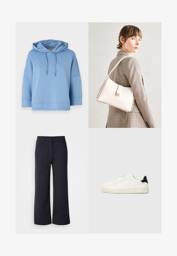 Ljusblå hoodie med dragsko i huvan, lös passform, korta ärmar och slät, mjuk textur. Har minimal sömnad och silverdetaljer.; Breda byxor i mörk marinblått tyg. Har flat front, bältesöglor och sidofickor. Materialet är slätt med en lätt stretch.; Vita läderskor med rund tå, snörning fram, perforerade detaljer och svart hälaccent. Texturerad gummisula.; Vit läderhandväska med en strukturerad design, med en magnetknäppning och en axelrem, visad mot en neutral bakgrund.