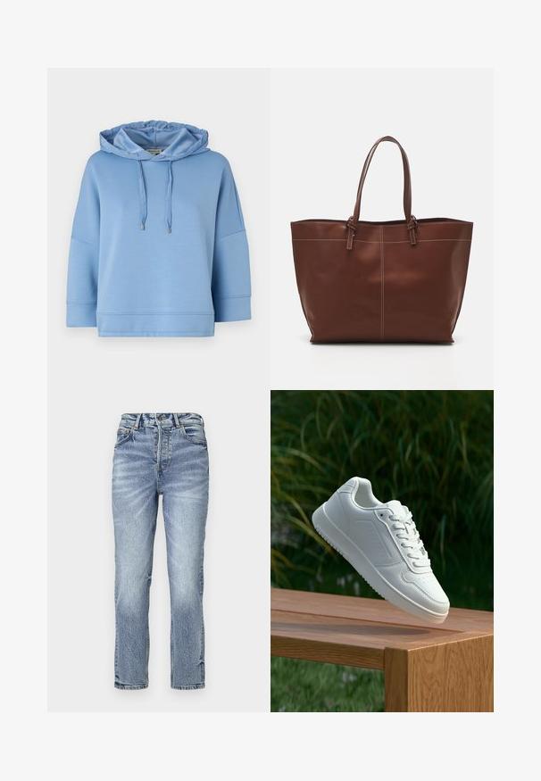Gaiši zila kapuce ar vienkāršu šņuķi, vaļīga piegriezuma, īsām piedurknēm un gludu, mīkstu tekstūru. Iezīmē minimālas šuves un sudraba akcentus.; Gaiši zila džinsu bikses ar taisnu piegriezumu, augstu jostu, izbalējušu tekstūru un piecām kabatām. Iekļauj metāla pogu un rāvējslēdzēja aizdari.; Baltie sporta apavi ar gludu sintētisku augšpusi, perforētu pirkstu daļu, plakani šņorēm un rakstainu zoli, novietoti uz koka virsmas.; Brūns ādas somas ar divām rokturām, iekļauj kontrastējošas šuves un plašu dizainu, piemērota ikdienas lietošanai.