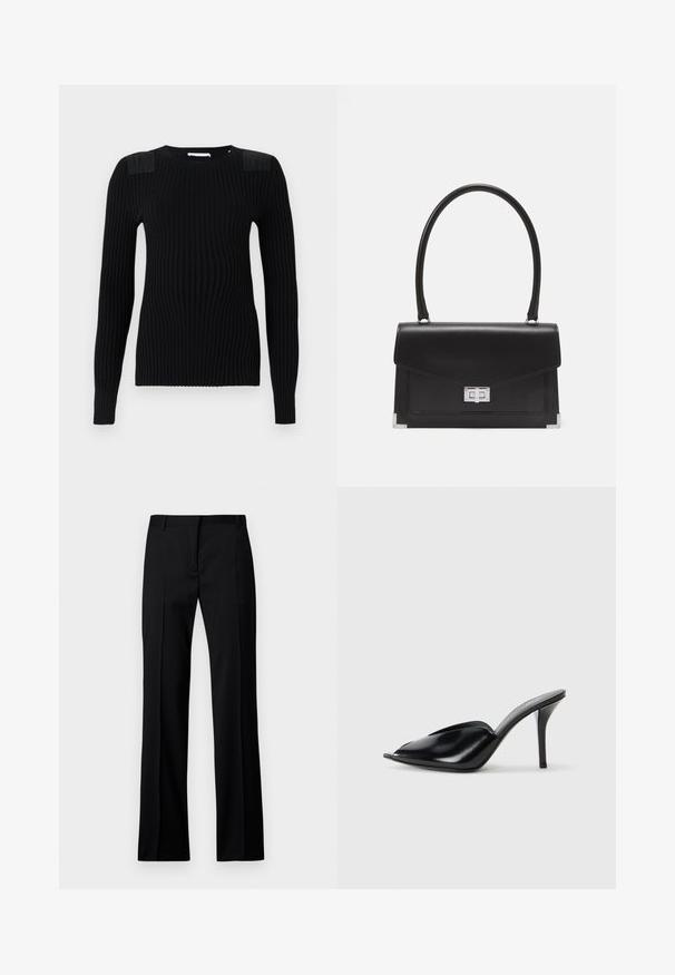 Czarny sweter z prążkowanej dzianiny z długimi rękawami, z teksturowanymi panelami na ramionach i okrągłym dekoltem. Gładkie wykończenie i dopasowany krój.; Czarne spodnie w prostym kroju wykonane z gładkiego materiału, z płaskim przodem, z paskami do paska i bez widocznych kieszeni czy ozdób.; Czarne skórzane mule na wysokim obcasie z odkrytym palcem, w szpiczastym designie, gładkiej teksturze i smukłym obcasie szpilce.; Czarna skórzana torebka o zorganizowanym designie, z górnym uchwytem i srebrnym zapięciem. Posiada akcenty w narożnikach oraz gładką teksturę.